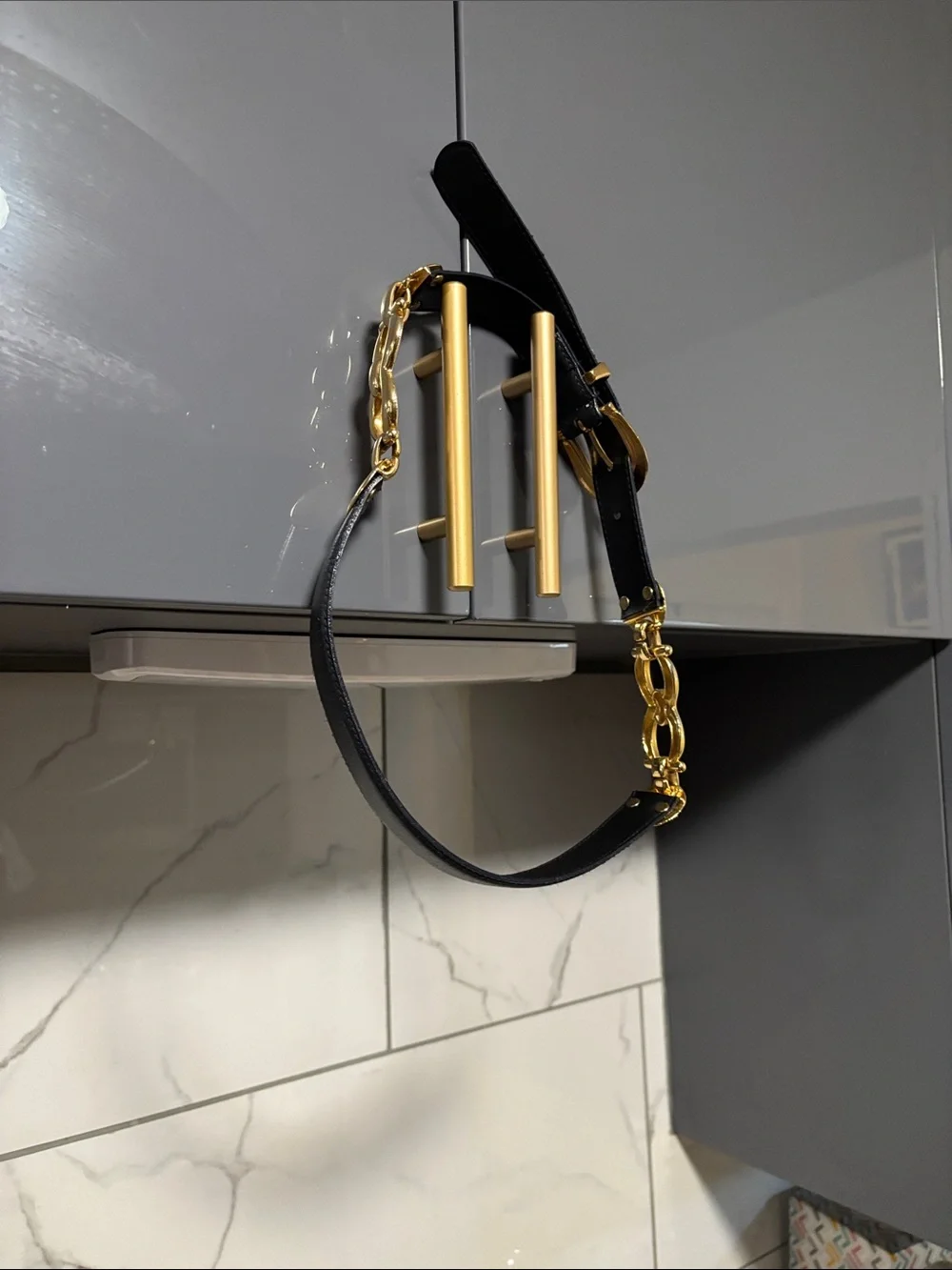 Louis Vuitton Black Leather Belt with Gold Chain Accents - comes with some rubs